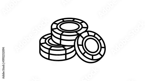Minimalist Poker Chips Vector Icon with Editable Stroke; Clean Black Line Illustration of a Stack of Casino Tokens for Gambling, Betting, Gaming, and Leisure Design Projects on White Background.