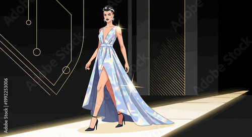 Elegant illustration of a woman with a modern hairstyle walking the runway confidently