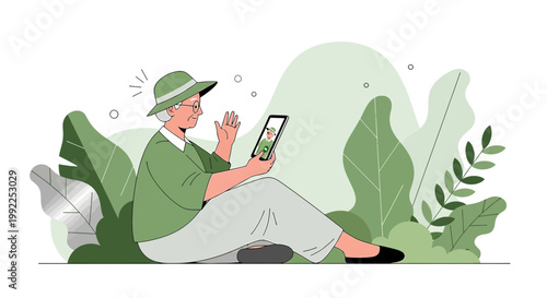 Elegant senior woman enjoying a digital connection via tablet amidst lush green foliage