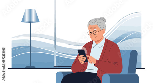 Elegant senior woman enjoying technology, staying connected through smartphone usage at home indoors