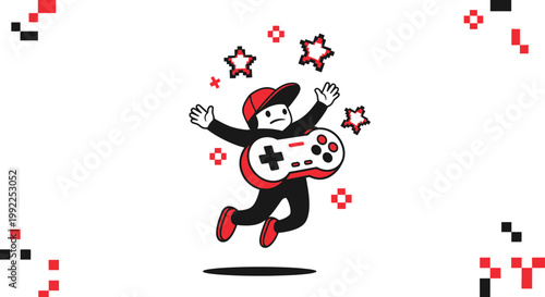 Energetic gamer leaps with joy, a gamepad in hand amidst a pixelated retro gaming atmosphere