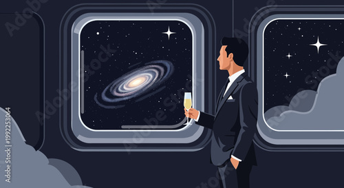 Elegant traveler gazing at a mesmerizing galaxy view while savoring sparkling champagne on a