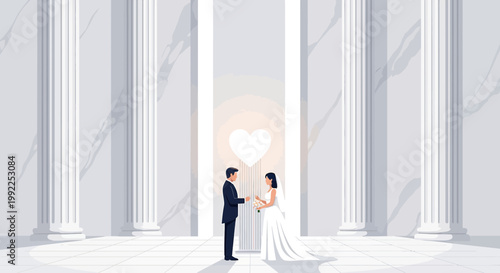 Elegant Wedding Ceremony: Couple Exchanging Vows in Grand Romanesque Hall with Heart Emblem