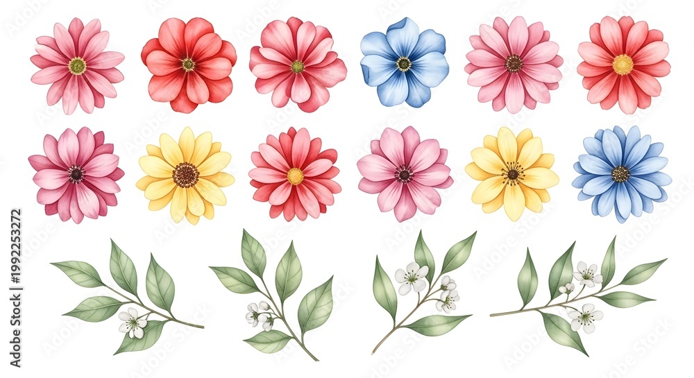 Obraz premium Watercolor floral collection with leaves and vibrant blooms