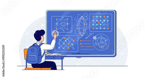Engaged student interacts with a futuristic display showcasing complex network structures and data