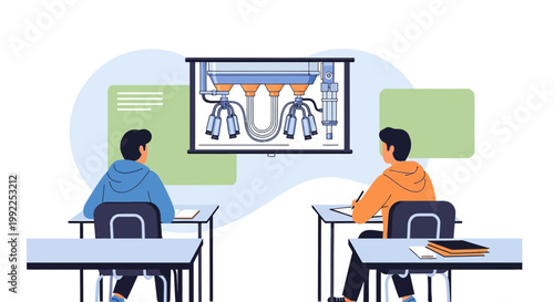 Engaged students learning about dairy farming technology in a classroom environment
