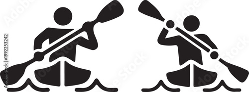 Pictogram style kayaking and canoeing with paddles black filled icon, flat vector illustration