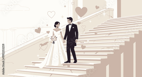 Elegant Wedding Couple Descending Stairs, Love Hearts Illustration