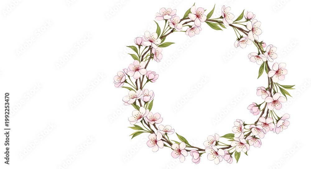 Fototapeta premium Floral wreath of cherry blossoms in a circular frame