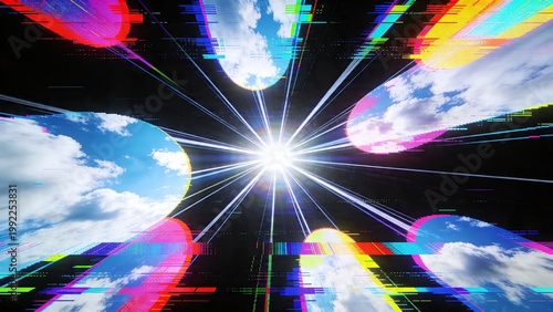 A vibrant and distorted image of a sunny sky with clouds and glitch effects
