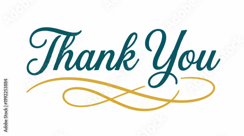 Elegant Thank You script text with decorative golden swirl on white background