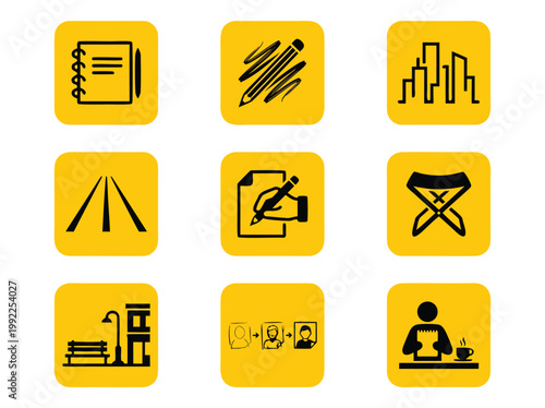 Collection of Yellow Icons Representing Business and Lifestyle Concepts.