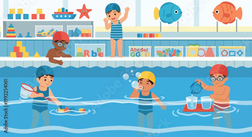 Young children are shown having fun while learning in an indoor swimming pool filled with colorful educational toys and activities.