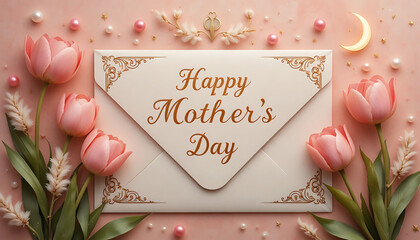 Elegant Mother’s Day Envelope Design with Pink Tulips, Crescent Moon and Pearls on Peach Pastel Background