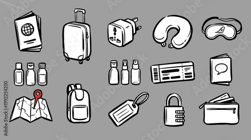 Travel essentials icon set: hand-drawn vector icons, passport, suitcase, map on gray background.