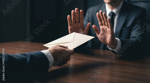 Politician or businessman refusing bribe envelope at meeting table, anti corruption and bribery concept. 