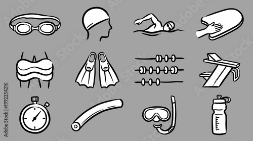 Swimming pool equipment icons set: hand-drawn vector symbols, goggles, fins, kickboard, and swimmer