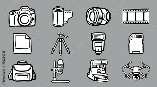 Photography equipment icons: hand-drawn vector camera gear and film symbols on gray.