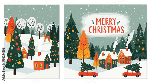 Set of christmas greeting cards with winter landscape, decorated pine trees, houses, and a deer