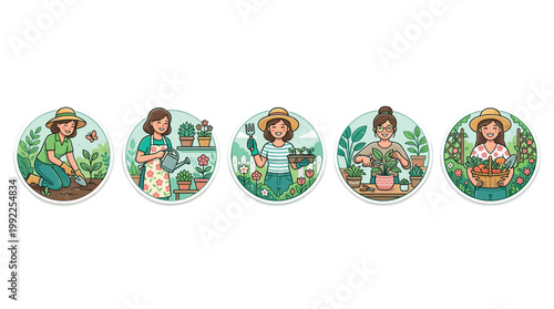 Women gardening activities, including planting, watering, pruning, and harvesting, showcasing various aspects of home garden care and hobby.