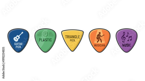 Five colorful guitar picks with various music-related icons and text are neatly arranged in a horizontal row, representing different aspects of playing and sound.