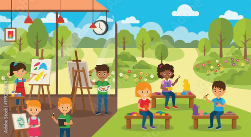 Diverse children are seen happily engaged in various art activities like painting and sculpting both inside a studio and outside in a beautiful park.