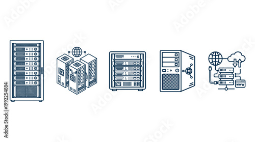 Server infrastructure icons representing various data processing, storage, and global networking concepts in a modern outline style.