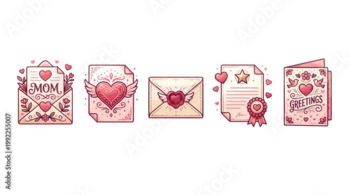 Romantic love letters and greeting cards collection with decorative hearts, floral elements, and charming messages for expressing affection and celebrating special occasions.