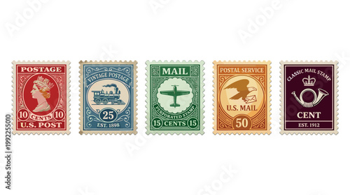 Five colorful vintage postage stamps featuring various historical transportation and symbols like a steam train, airplane, eagle, and a royal profile, representing different eras of mail service.