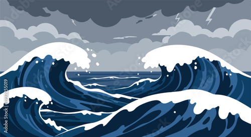 Stormy Ocean Illustration with Giant Crashing Waves and Lightning under Dark Clouds in Flat Design Style