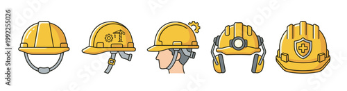 Yellow hard hats, safety helmets, protective gear for industrial workers, builders, and engineers, presented as a set of cartoon vector illustrations.