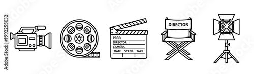 Film production equipment icons set in a clean, modern line art style, representing various tools used in movie making and video recording.