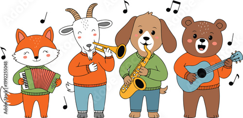 Cute Animal Music Band Line Art  Whimsical Instrument Playing Character Set