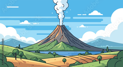 Flat Design Illustration of an Erupting Volcano in a Scenic Landscape with a Lake and Rolling Hills