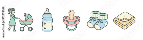 Newborn baby essentials, including a stroller, bottle, pacifier, booties, and blanket, are depicted in a delightful, soft-colored illustration.