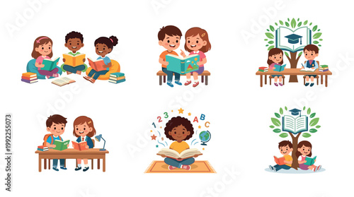 Diverse children reading books and studying together, engaged in various educational activities, fostering a love for learning and knowledge development.