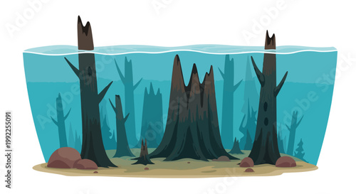 Sunken Dead Forest Illustration with Submerged Tree Stumps and Trunks Under Clear Blue Water Surface
