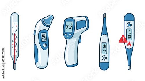 Various types of medical thermometers for measuring body temperature, used for health monitoring and detecting fever in a healthcare or home setting.