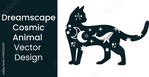 Celestial Cat Silhouette Vector with Night Sky and Whale Galaxy Illustration