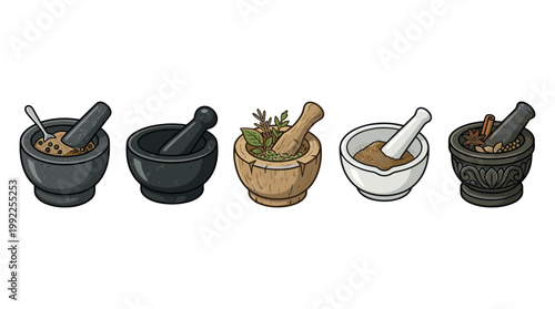 Five distinct mortar and pestle sets, each filled with various ingredients like herbs, spices, and powders, are depicted in a charming cartoon illustration.