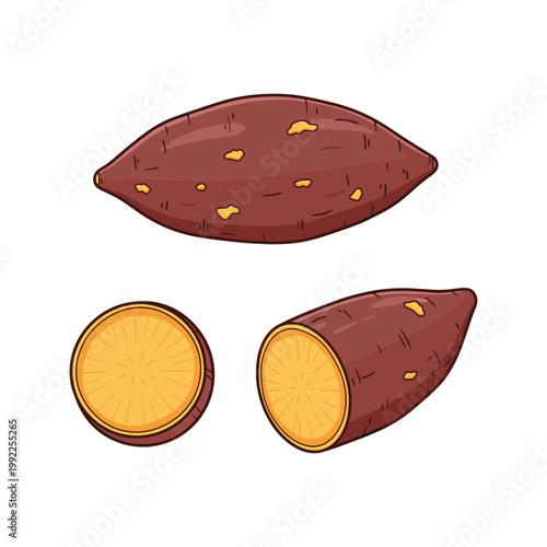 Whole and sliced purple sweet potato with orange flesh