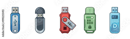 Five cartoon style USB flash drives in a row, representing various data storage and digital security concepts for modern technology.