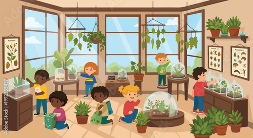 Diverse group of young children exploring and caring for plants inside a bright greenhouse environment filled with various terrariums and greenery.