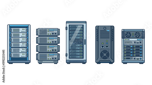 Various server racks and network equipment illustrations showcasing essential hardware for modern data centers, cloud computing, and IT infrastructure.