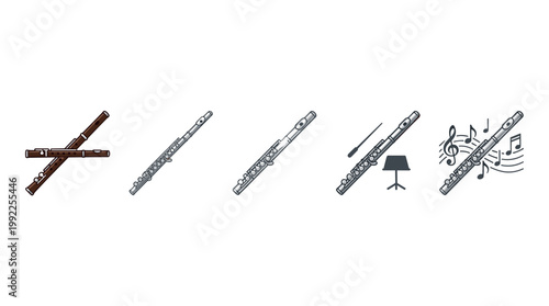 Flutes and musical instruments vector illustrations collection showcasing various woodwind instruments and music-related elements in a clean, modern graphic style.