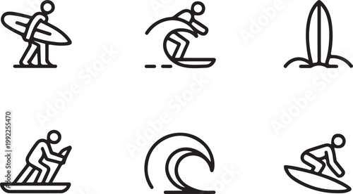 Surfing vector icon. Carrying a board on the beach, riding a wave icon in flat filled and outline stroke line art