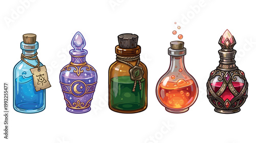 Five colorful fantasy potion bottles stand in a row, each containing a different magical liquid and featuring unique, intricate designs.