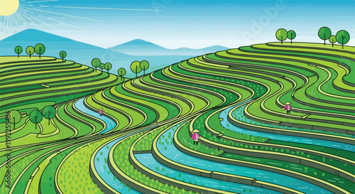 Vibrant Illustration of Terraced Rice Fields with Farmers Working in Lush Green Agricultural Landscape Under a Sunny Blue Sky