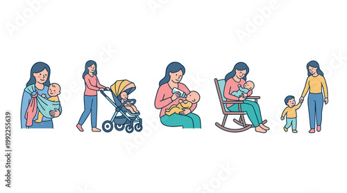 Mother and child illustrations depicting various stages of childcare and parental love, from infancy to toddlerhood, showcasing daily activities and bonding moments.