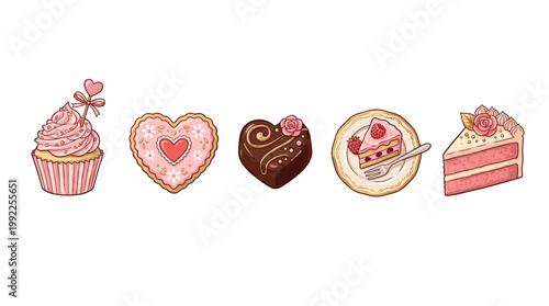 Delicious sweet dessert treats, including cupcakes, cookies, and cake slices, are beautifully illustrated in a charming, romantic style perfect for celebrations and special occasions.